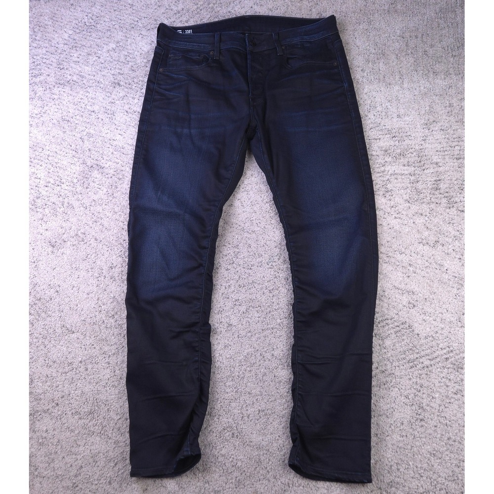 G Star Raw Jeans Mens 33x32 3301 Slim Long Length Dark Blue Distressed Stretch